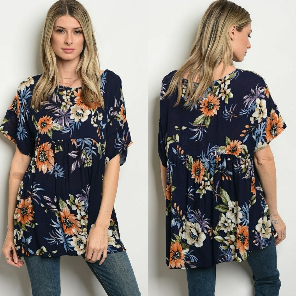 Walking on sunshine top- Navy/floral
